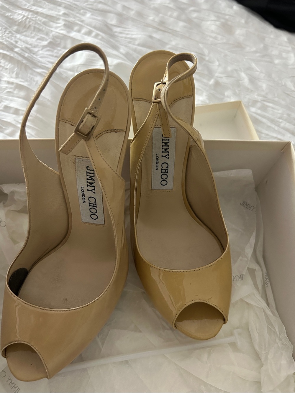 Jimmy Choo Beige Patent Leather Platform Peep-Toe Slingbacks make your offer !!! - Picture 6 of 9
